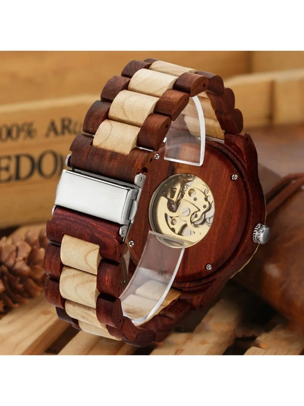 Men's Red And Beige Analog No Battery Fashion Mechanical Movement Wooden Watch